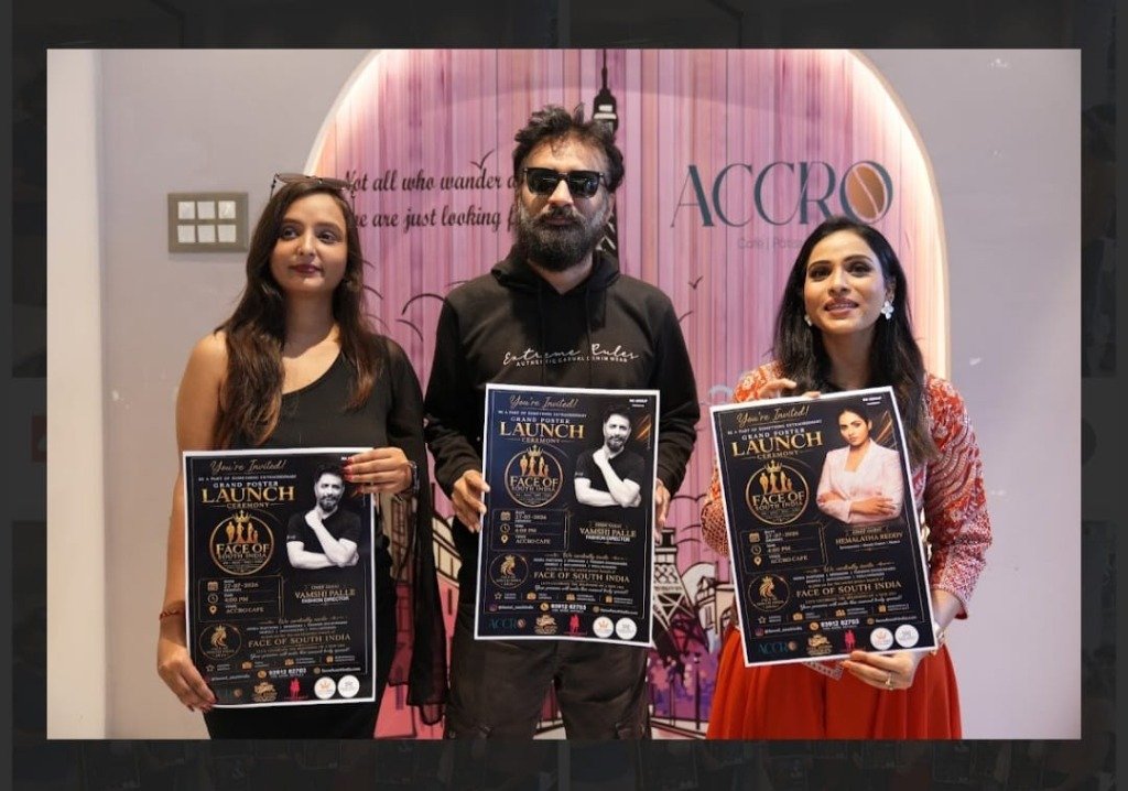 Chief Guest Hemalatha Reddy and Fashion Guru Vamshi Palle holding launch posters